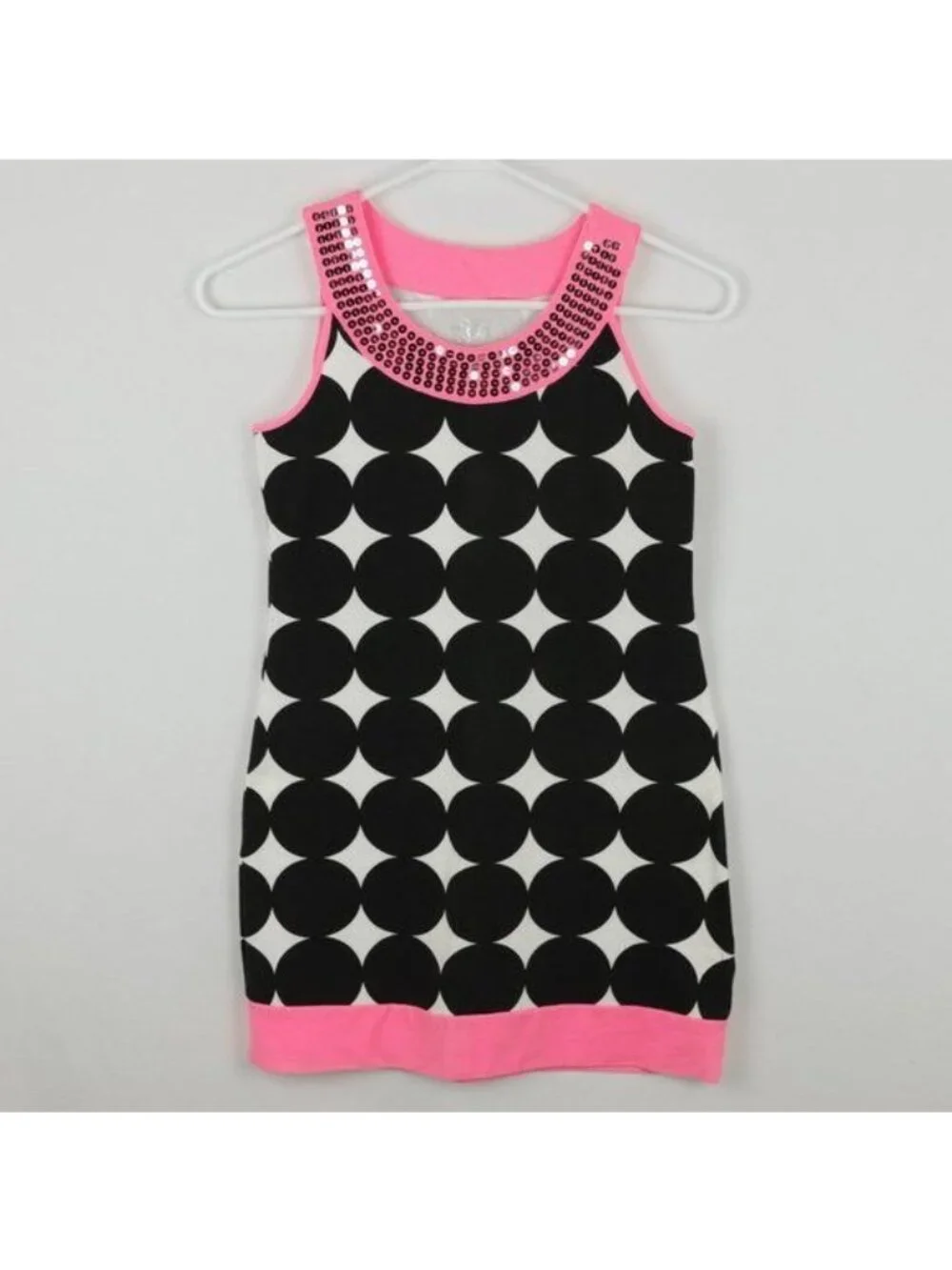 Justice Girls Size 12 Pink Black Polka Dot Sequined Sleeveless Knit Casual Dress
